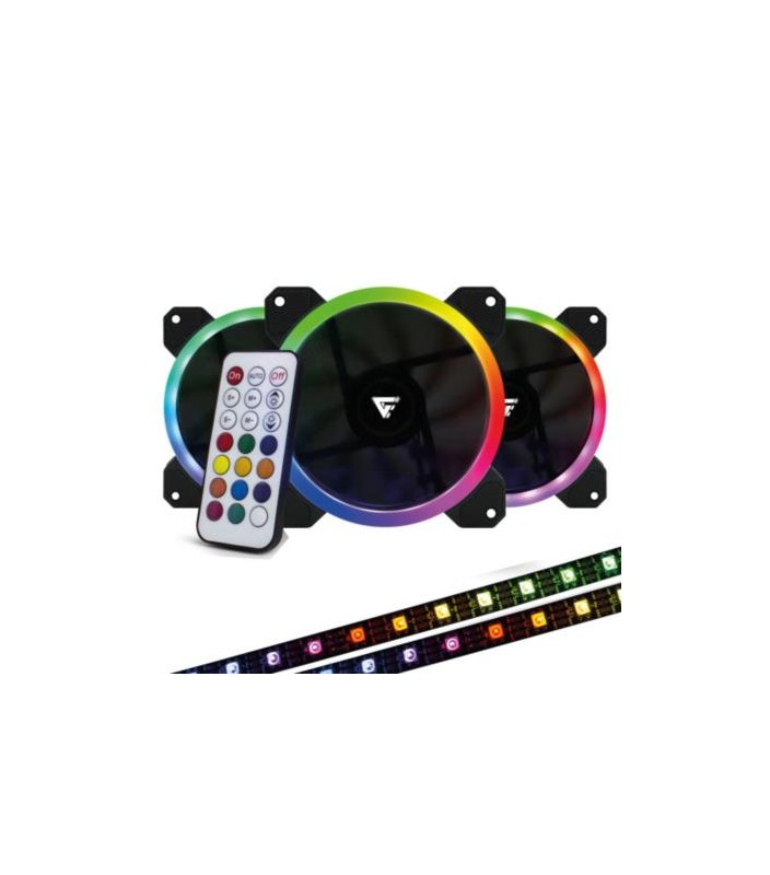 Kit Ventiladores Game Factor FKG400 3 Fans 12mm RGB 2 Tiras Led Control Remoto - VORAGO